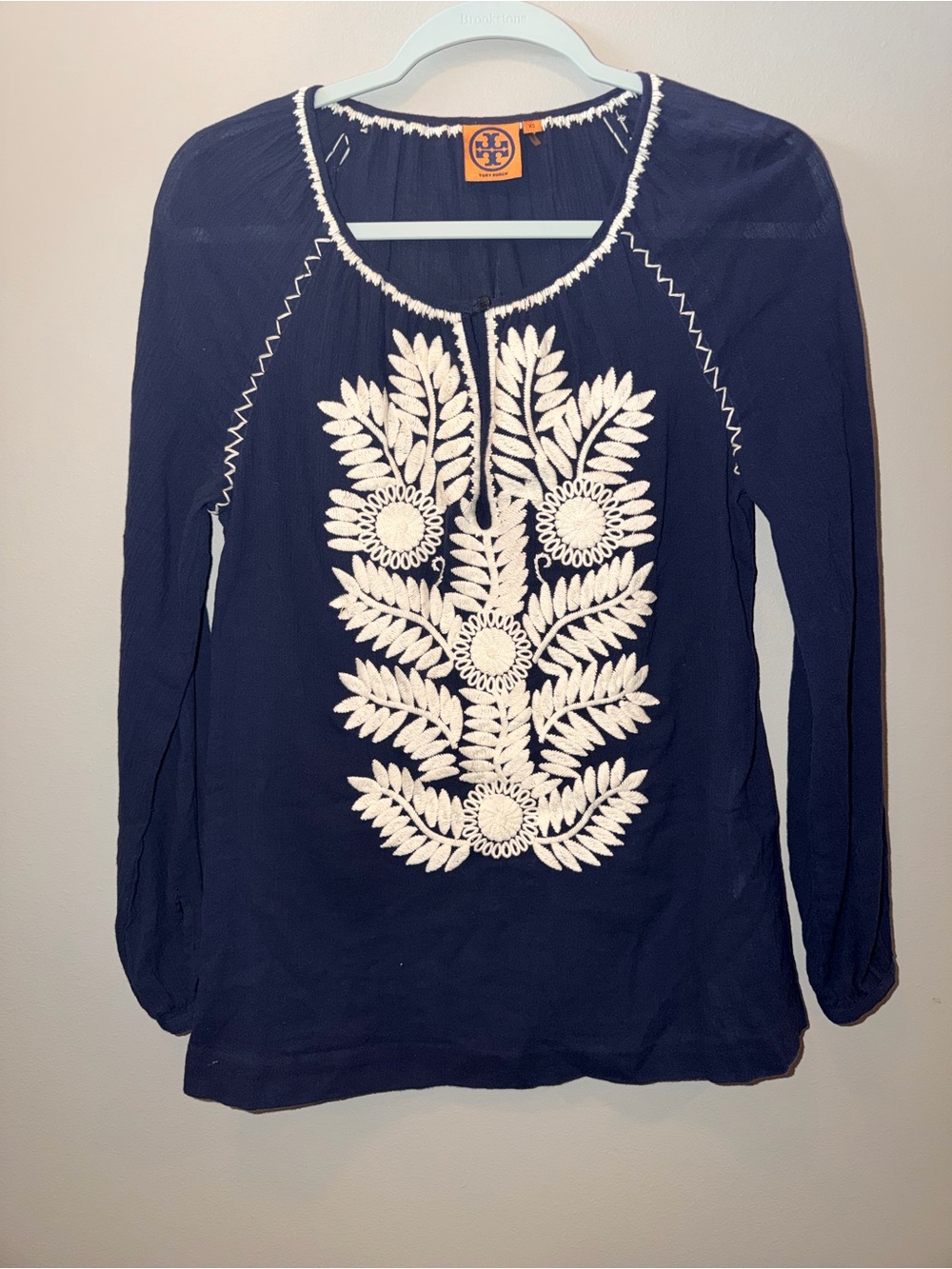 Tory Burch 100% cotton Navy Tunic Top with White Floral Embroidery boho luxury